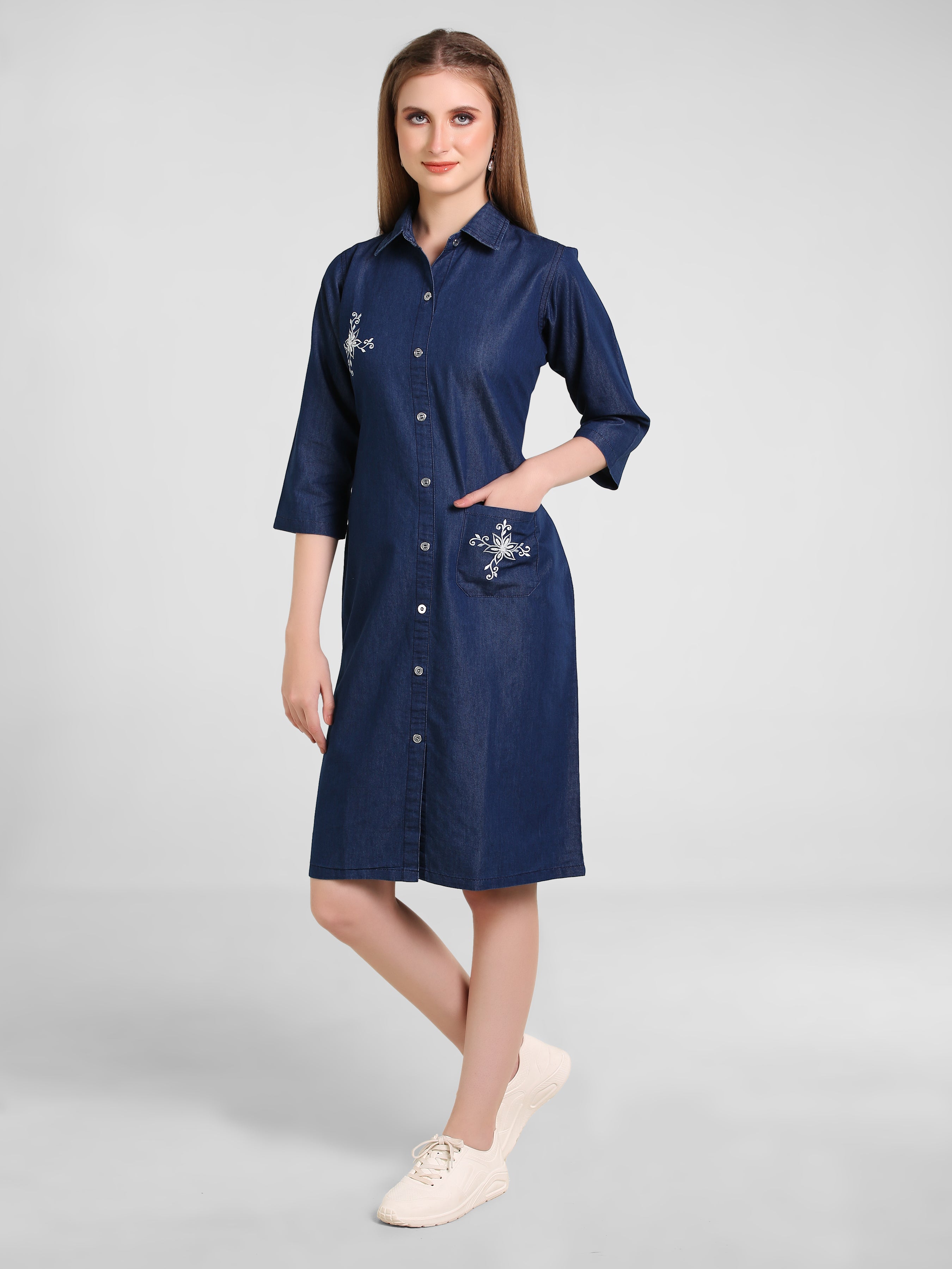 Denim Butta Pocket Embroidered One-Piece Dress