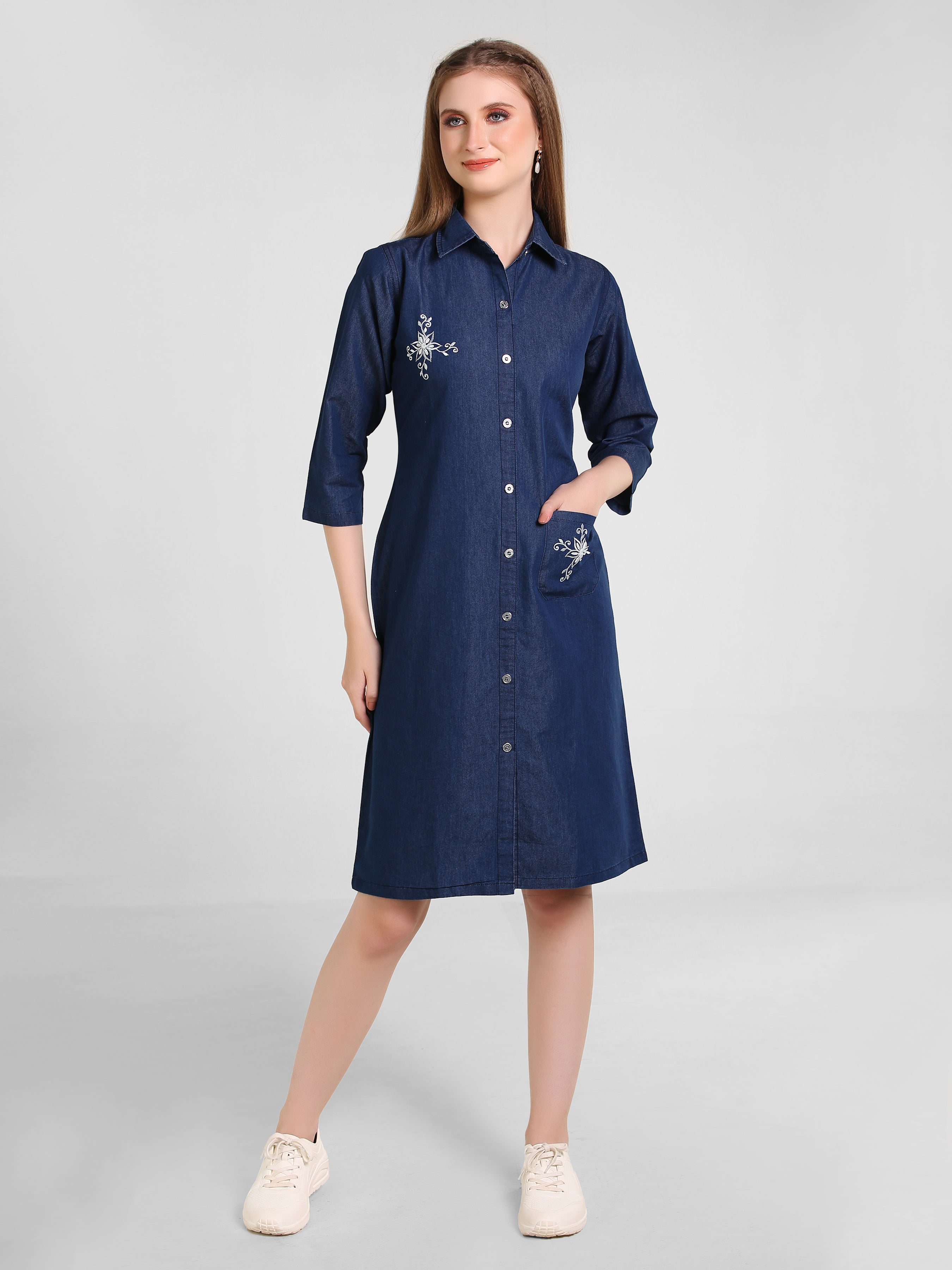 Denim Butta Pocket Embroidered One-Piece Dress