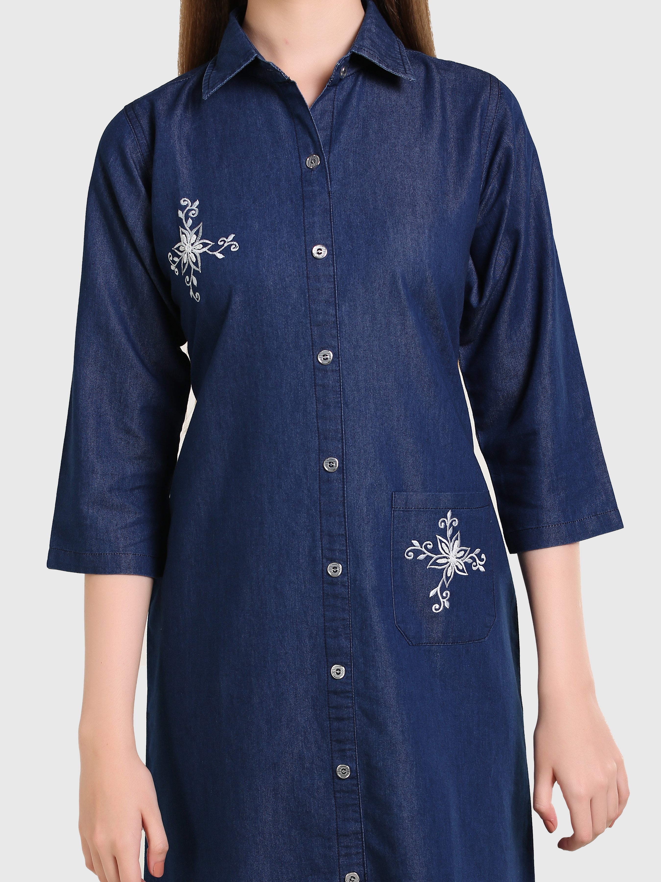 Denim Butta Pocket Embroidered One-Piece Dress
