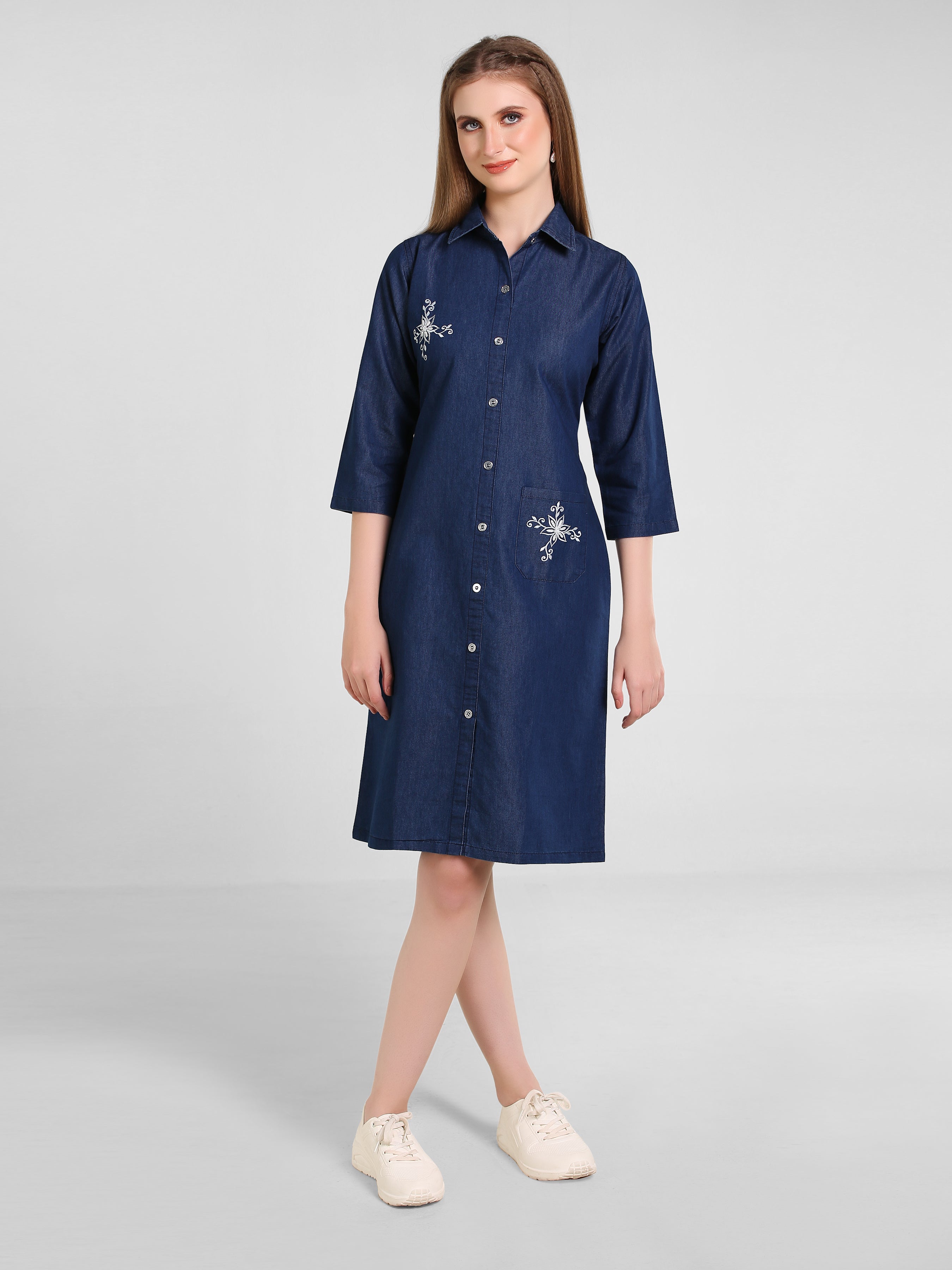 Denim Butta Pocket Embroidered One-Piece Dress