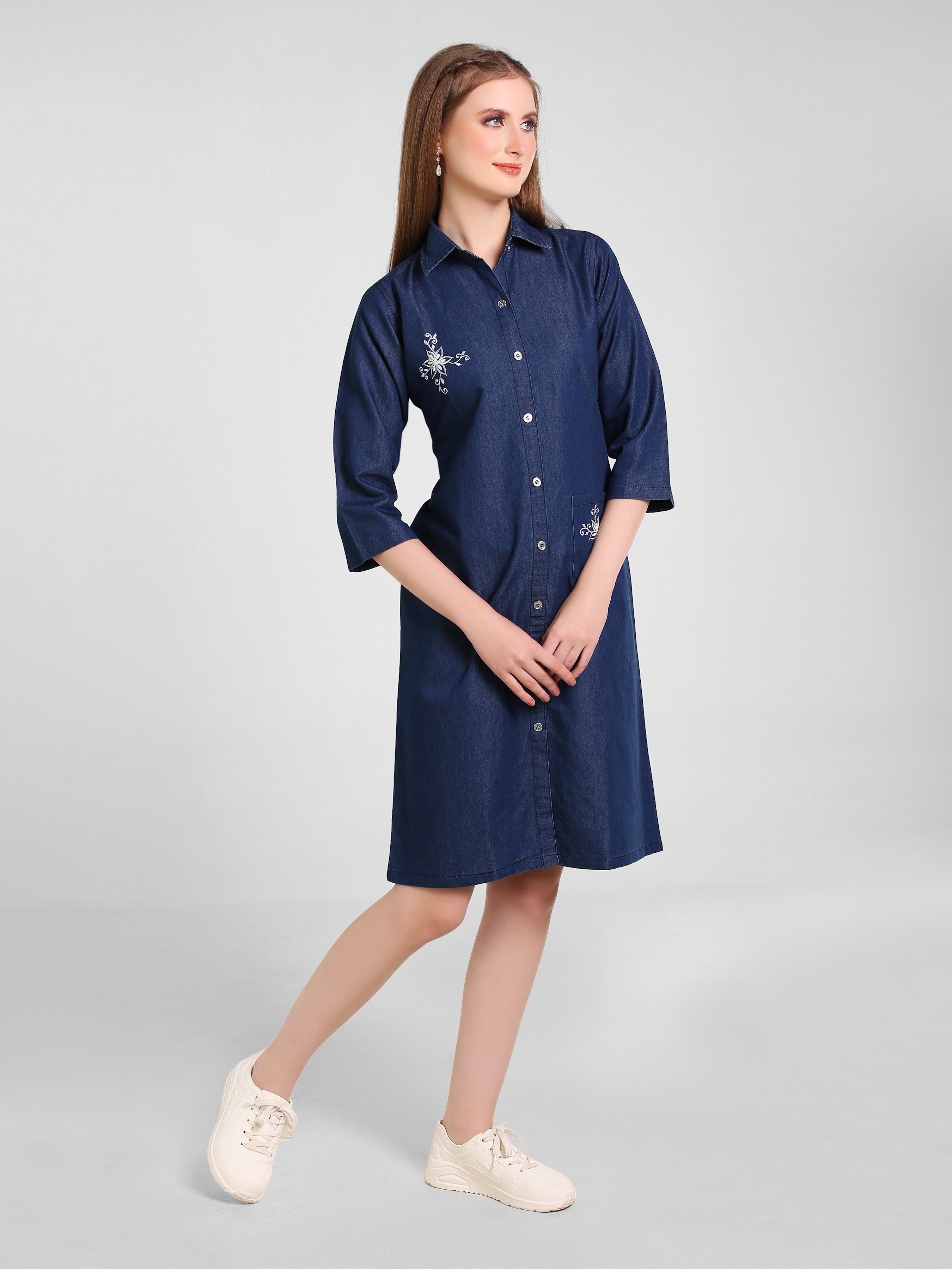 Denim Butta Pocket Embroidered One-Piece Dress