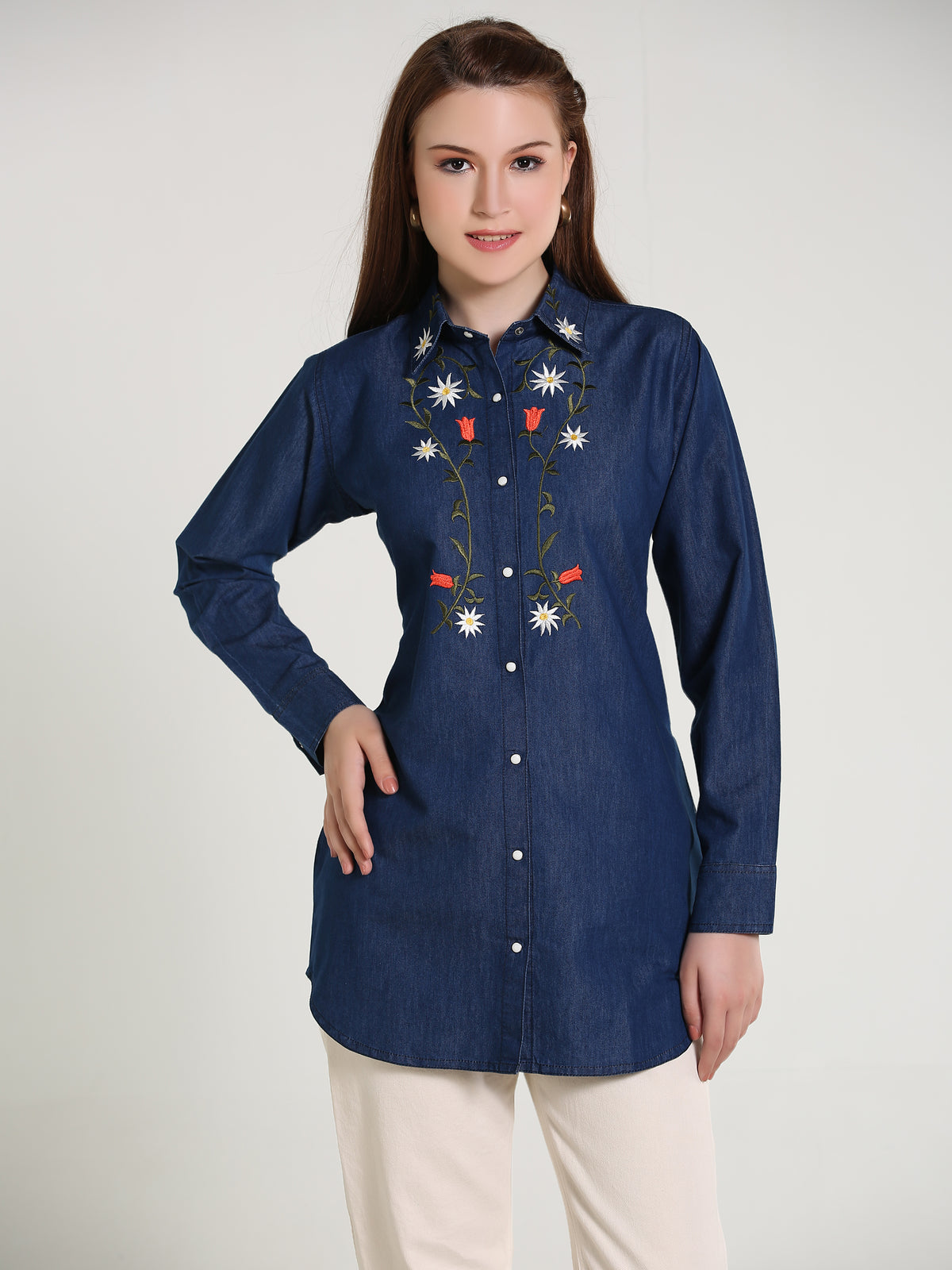 Denim Brnch Colar Body Embroidered Shirt