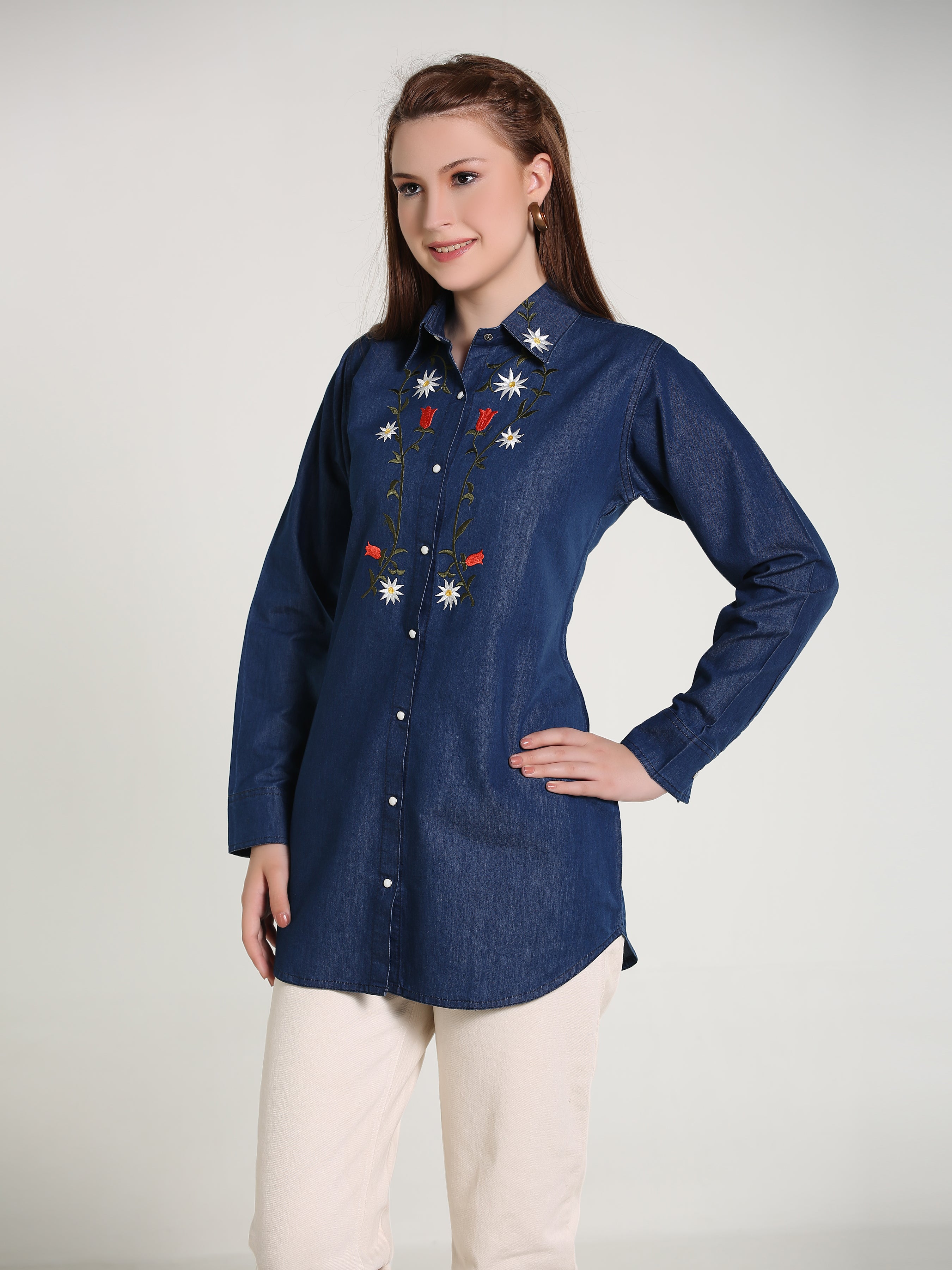 Denim Brnch Colar Body Embroidered Shirt