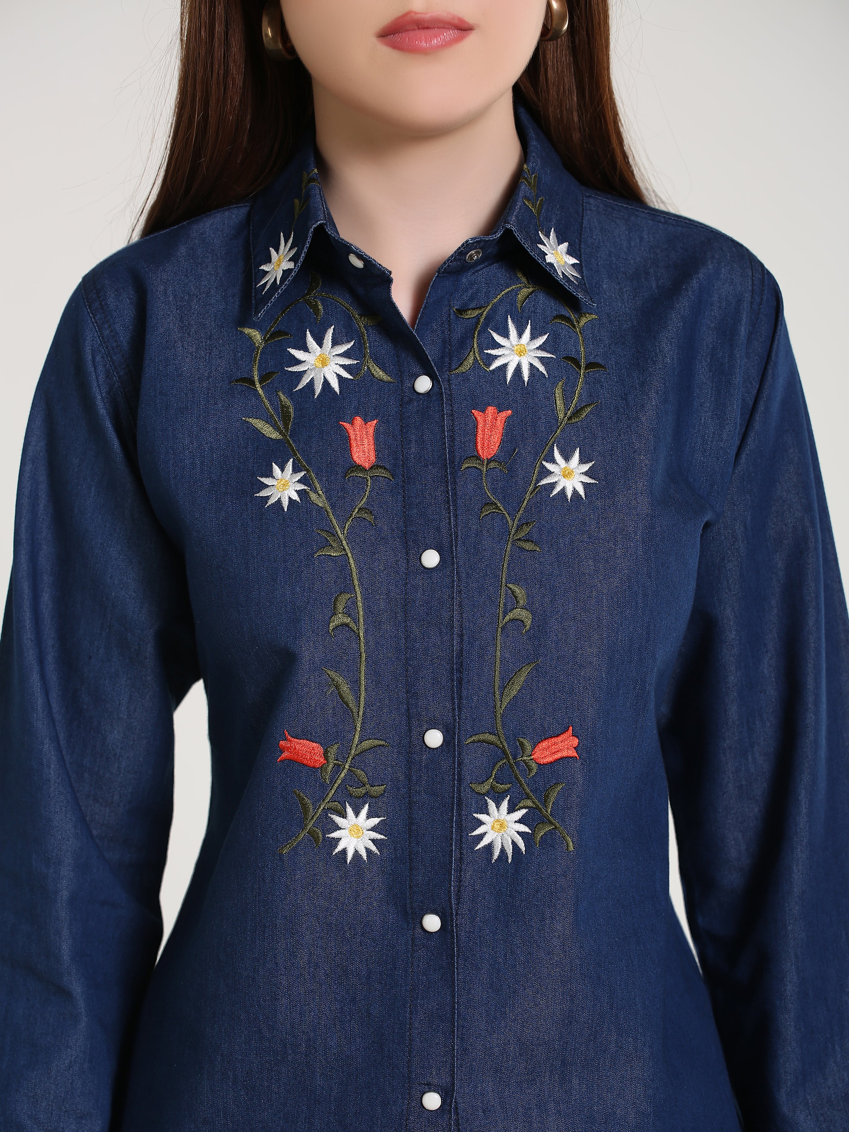 Denim Brnch Colar Body Embroidered Shirt