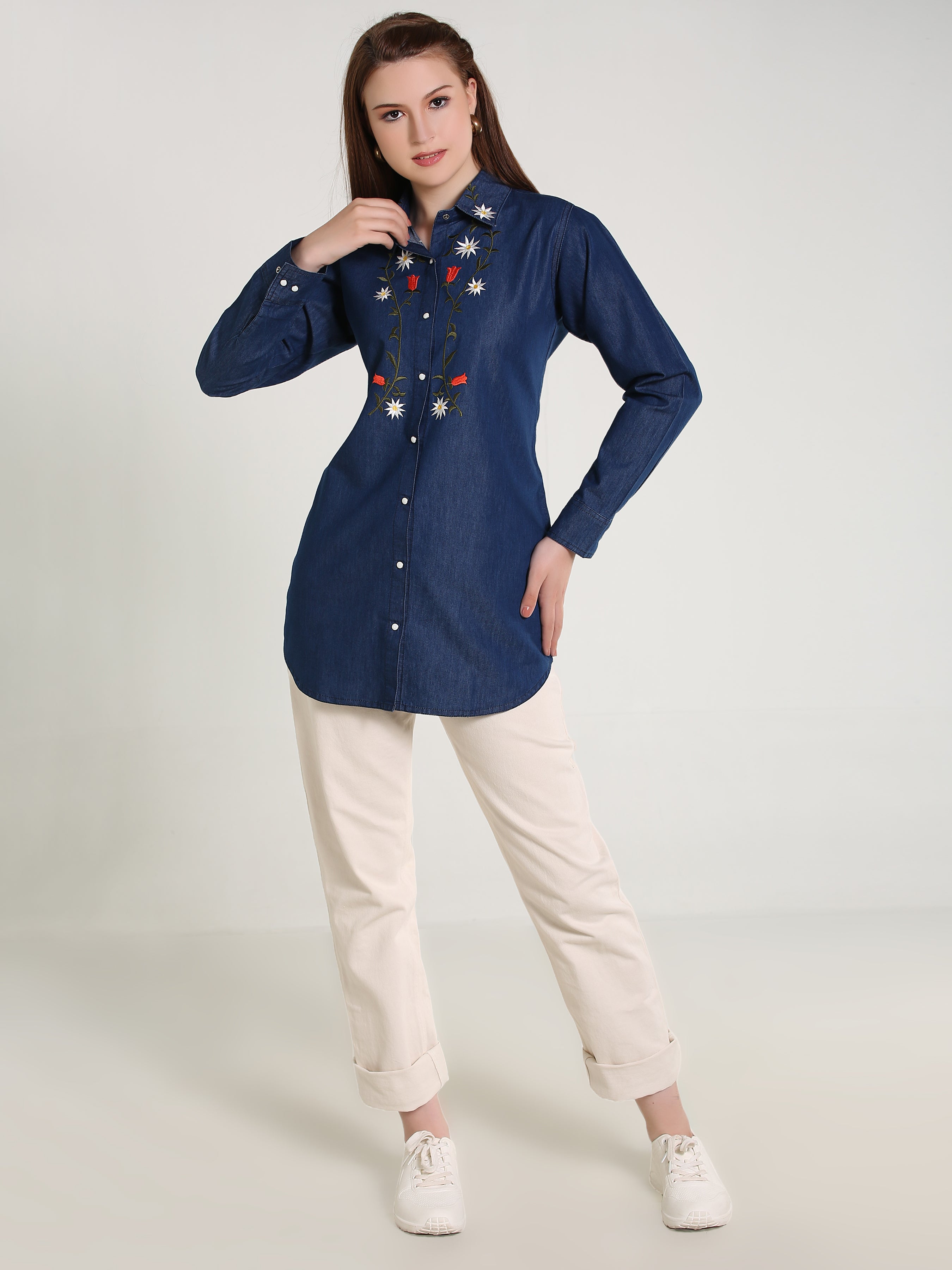 Denim Brnch Colar Body Embroidered Shirt