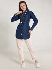 Denim Brnch Colar Body Embroidered Shirt