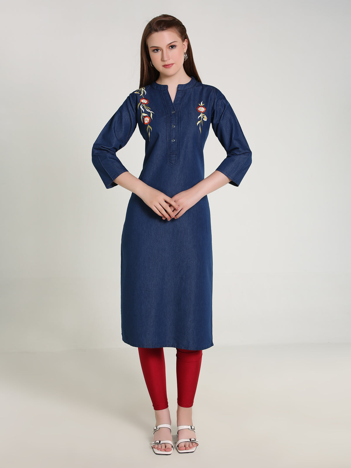 Denim Embroidered Both Side Kali Butta Mandarine Collar Kurta