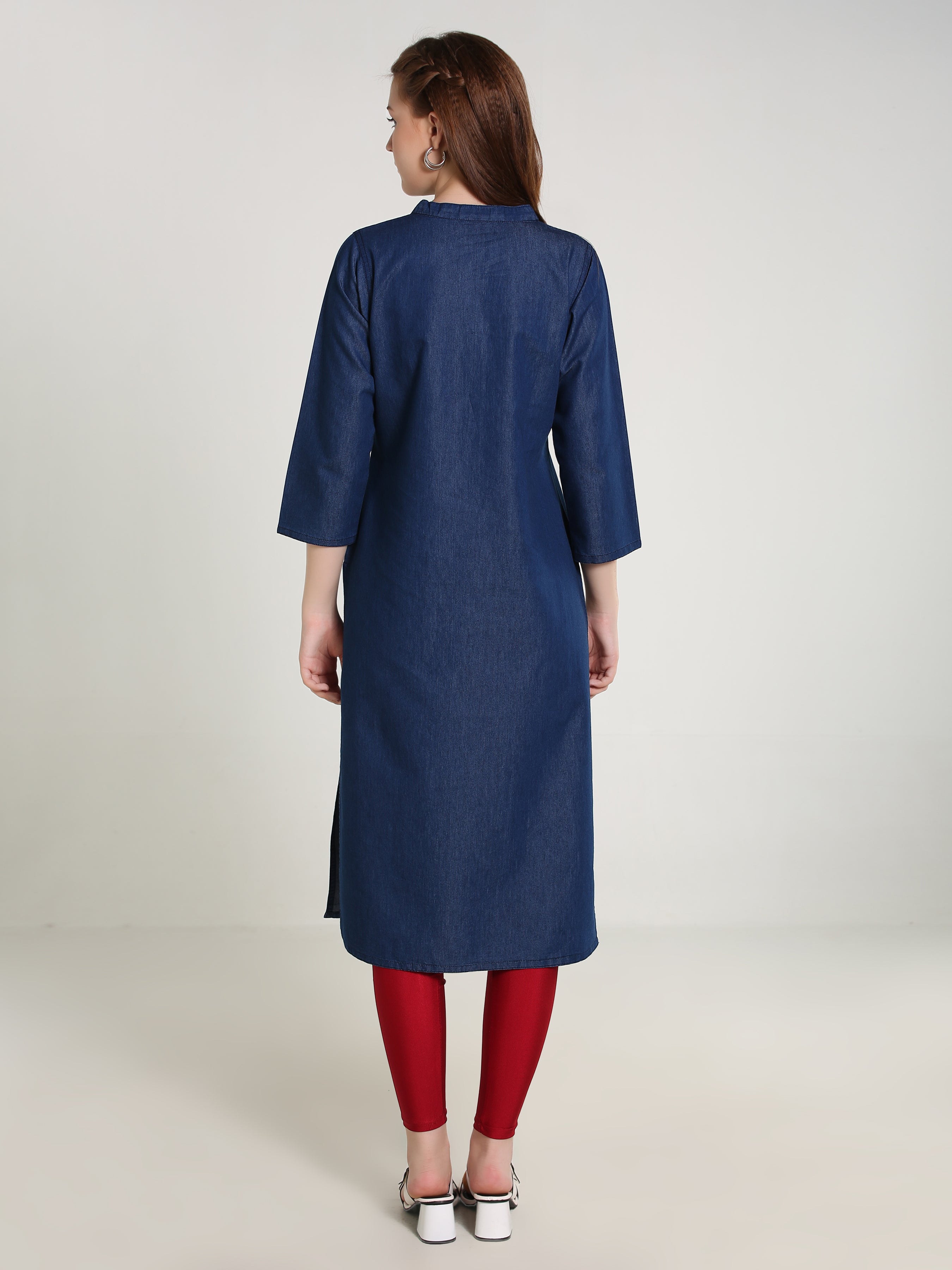Denim Embroidered Both Side Kali Butta Mandarine Collar Kurta