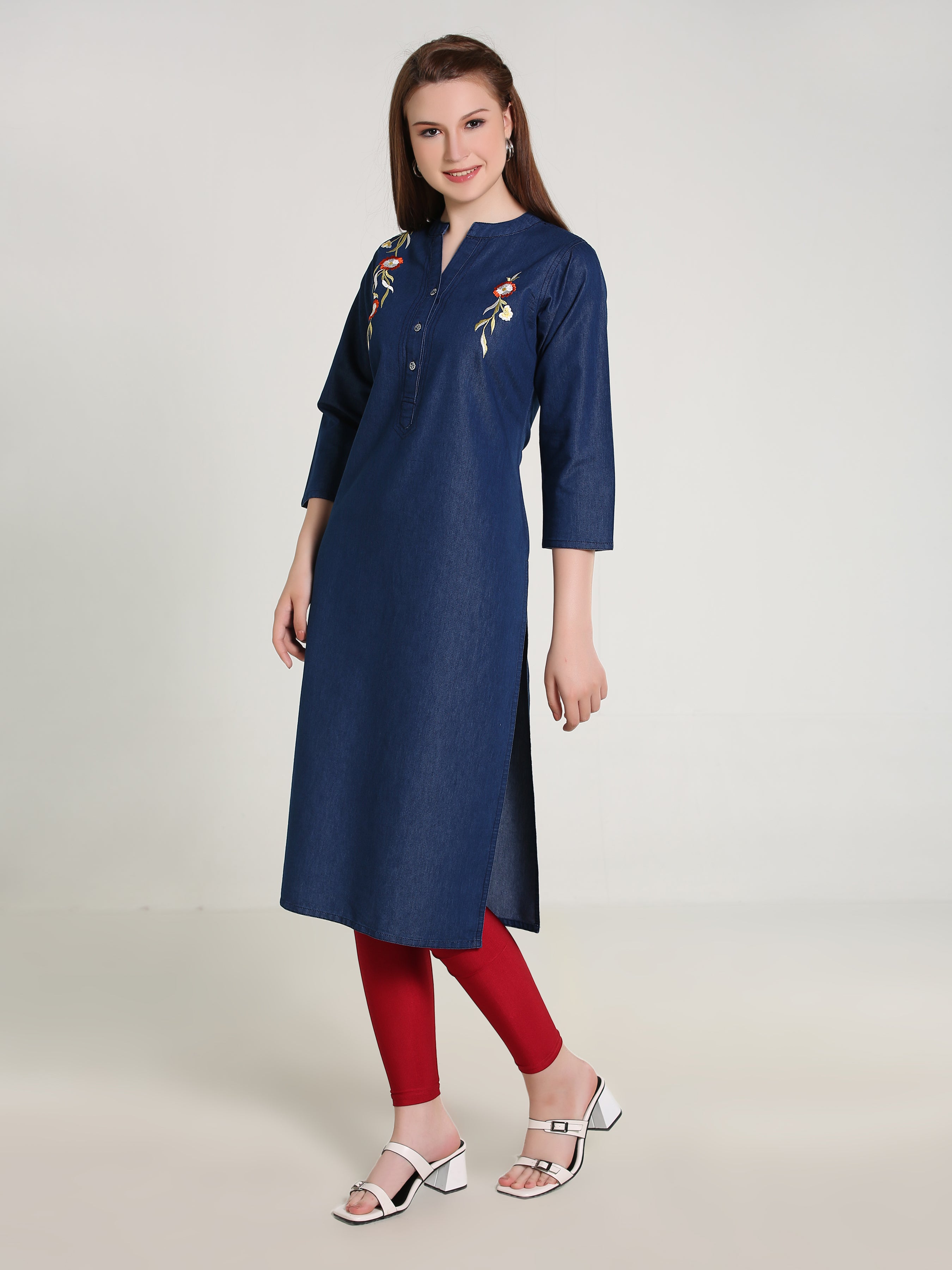 Denim Embroidered Both Side Kali Butta Mandarine Collar Kurta