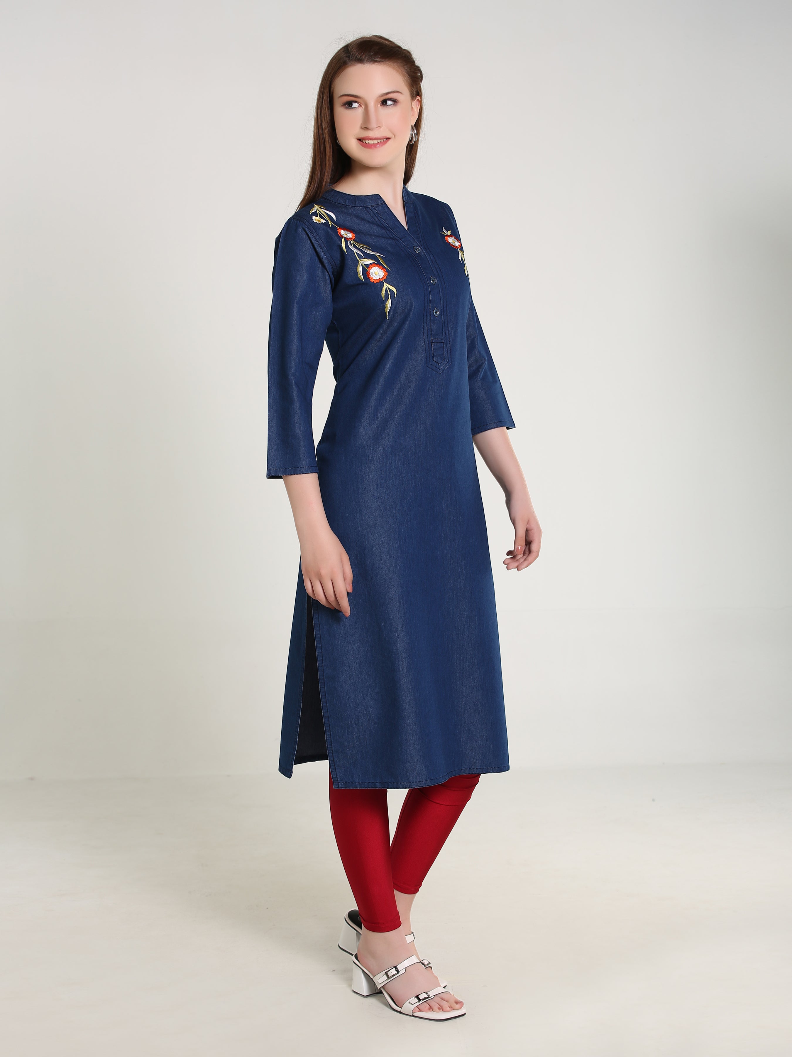 Denim Embroidered Both Side Kali Butta Mandarine Collar Kurta