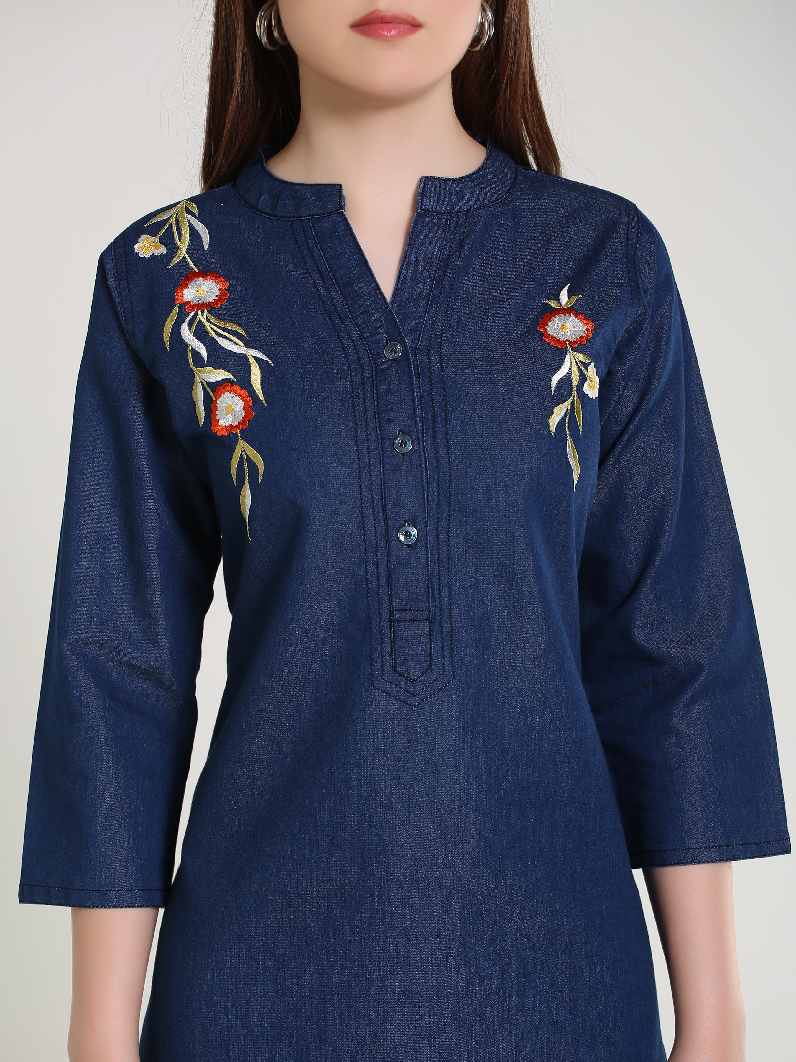 Denim Embroidered Both Side Kali Butta Mandarine Collar Kurta