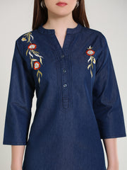 Denim Embroidered Both Side Kali Butta Mandarine Collar Kurta