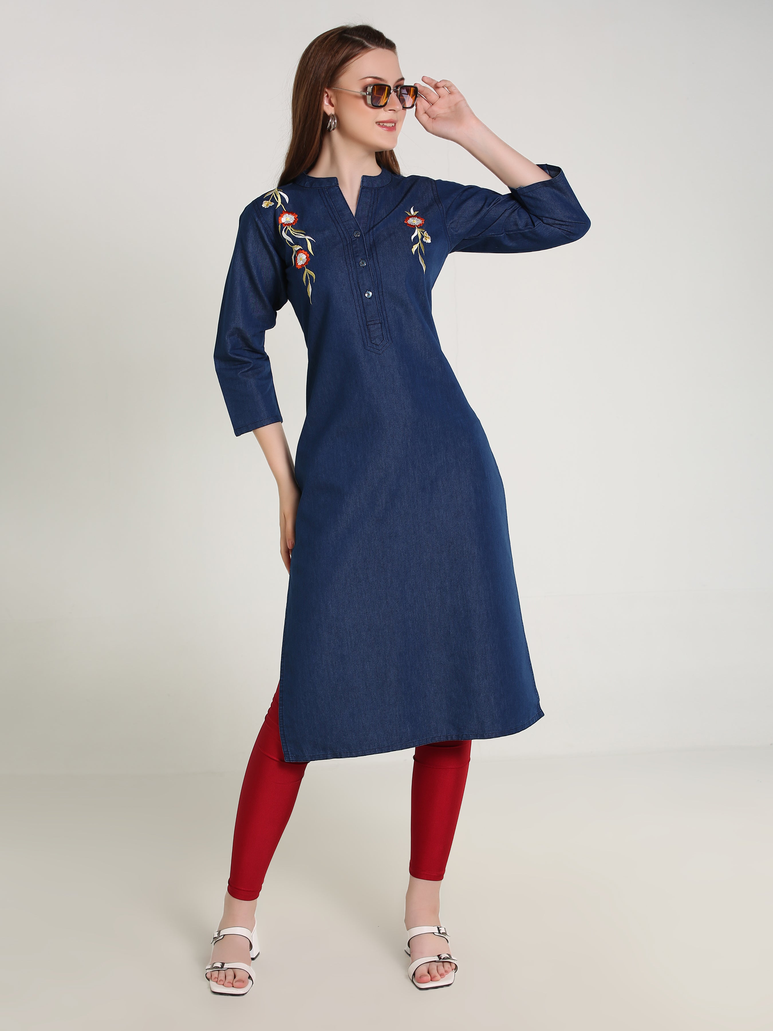 Denim Embroidered Both Side Kali Butta Mandarine Collar Kurta