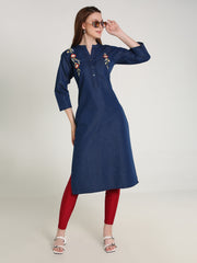 Denim Embroidered Both Side Kali Butta Mandarine Collar Kurta