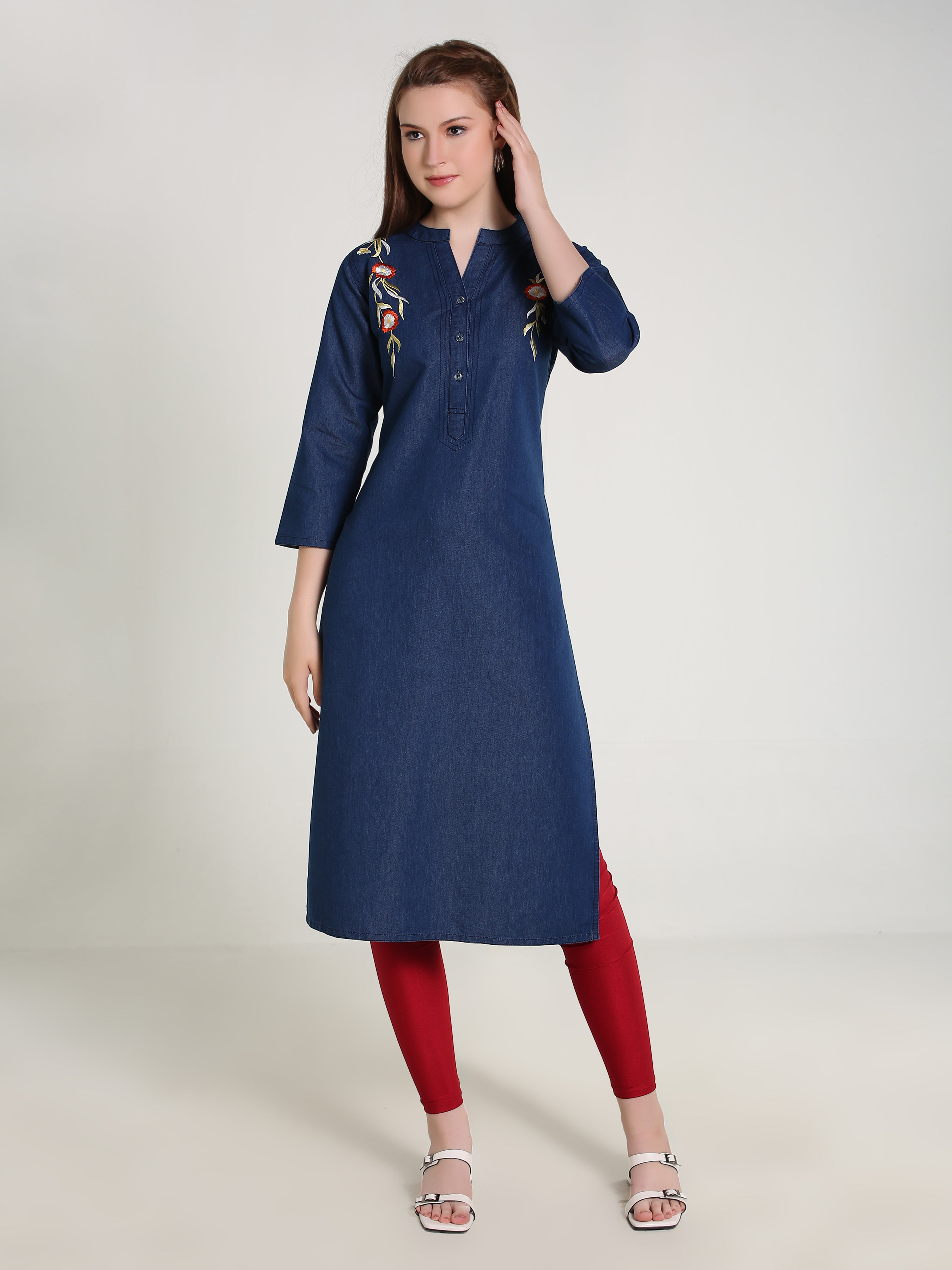 Denim Embroidered Both Side Kali Butta Mandarine Collar Kurta