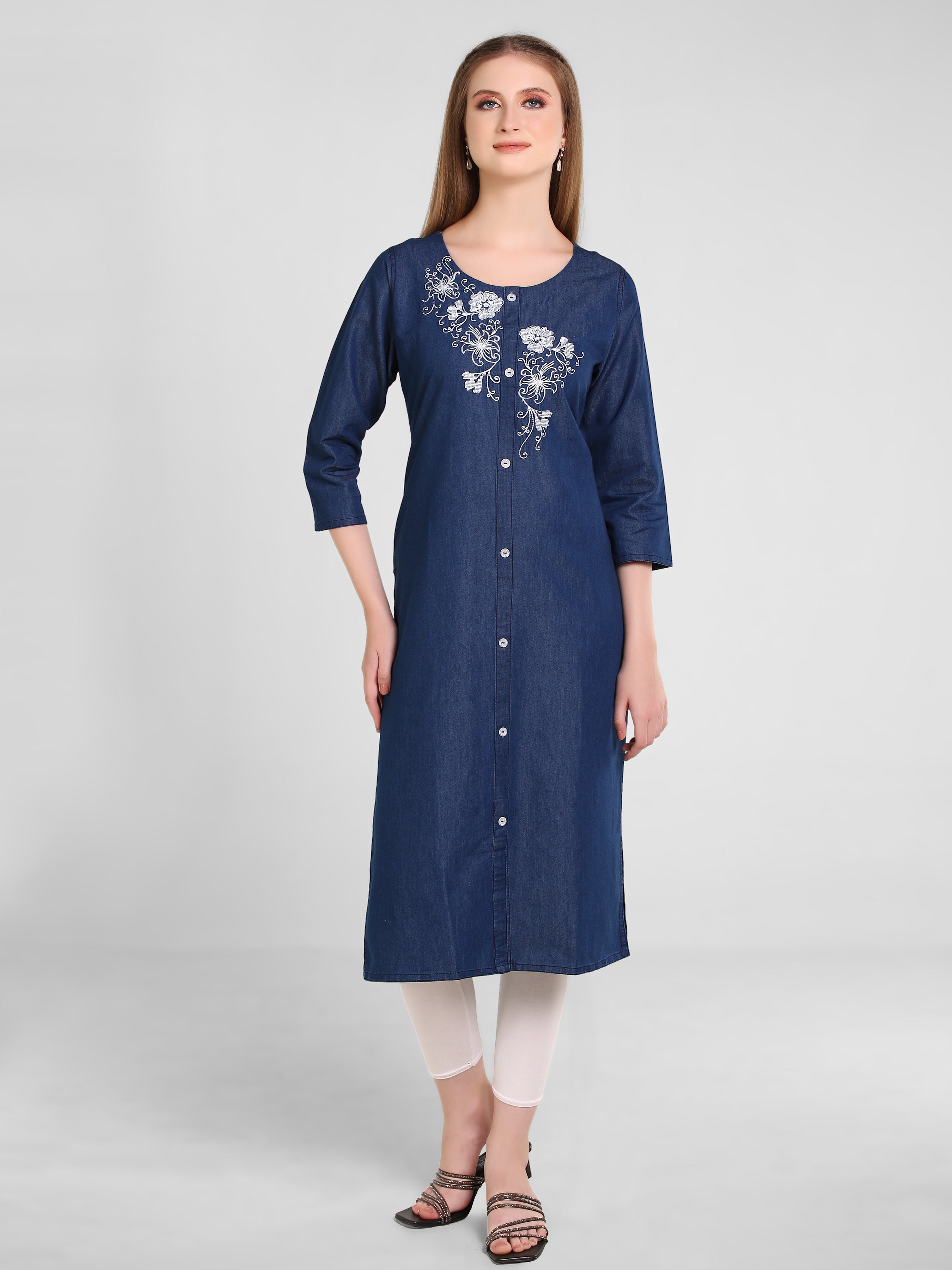 Denim Flower Butta  Embroidered Round Neck Kurta