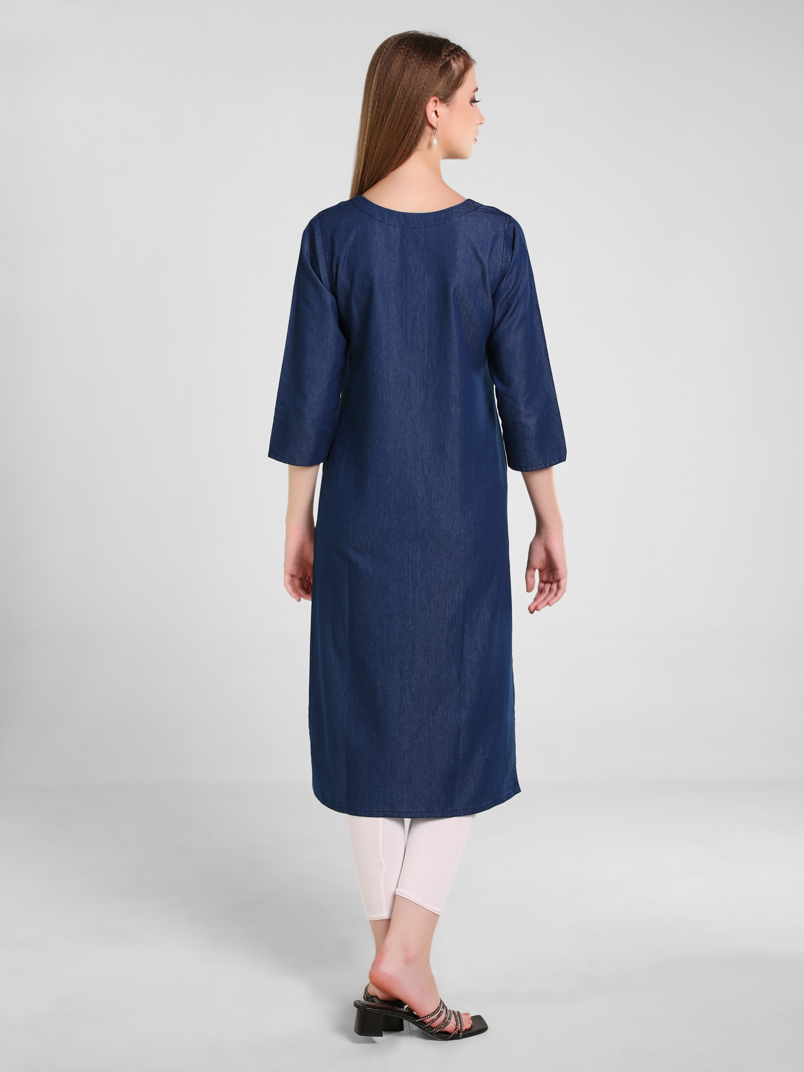 Denim Flower Butta  Embroidered Round Neck Kurta