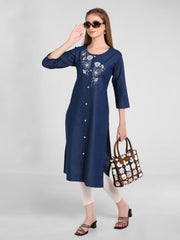 Denim Flower Butta  Embroidered Round Neck Kurta