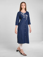 Denim Flower Butta  Embroidered Round Neck Kurta