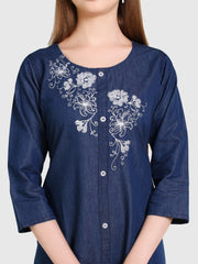 Denim Flower Butta  Embroidered Round Neck Kurta