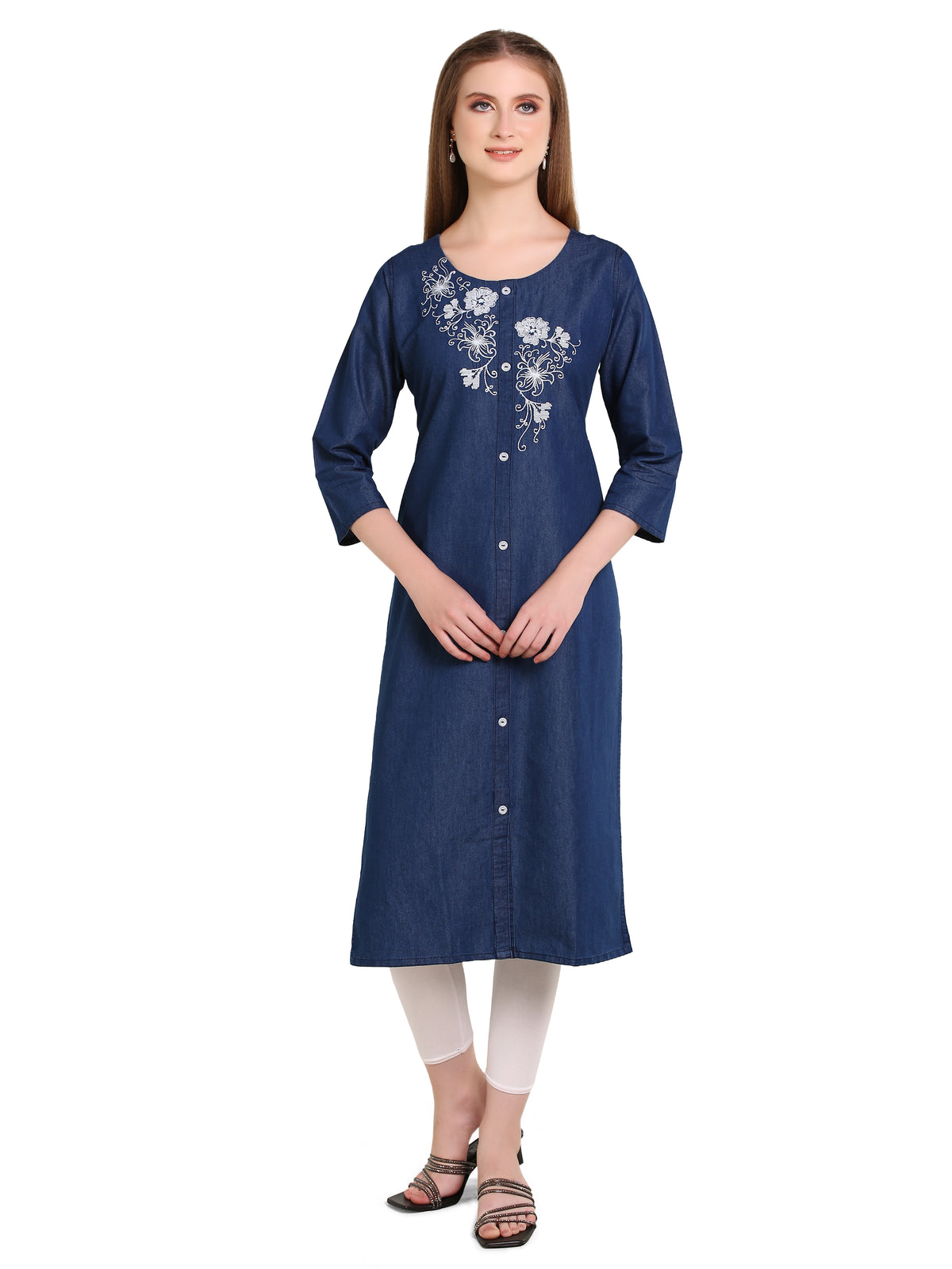 Denim Flower Butta  Embroidered Round Neck Kurta