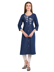 Denim Flower Butta  Embroidered Round Neck Kurta