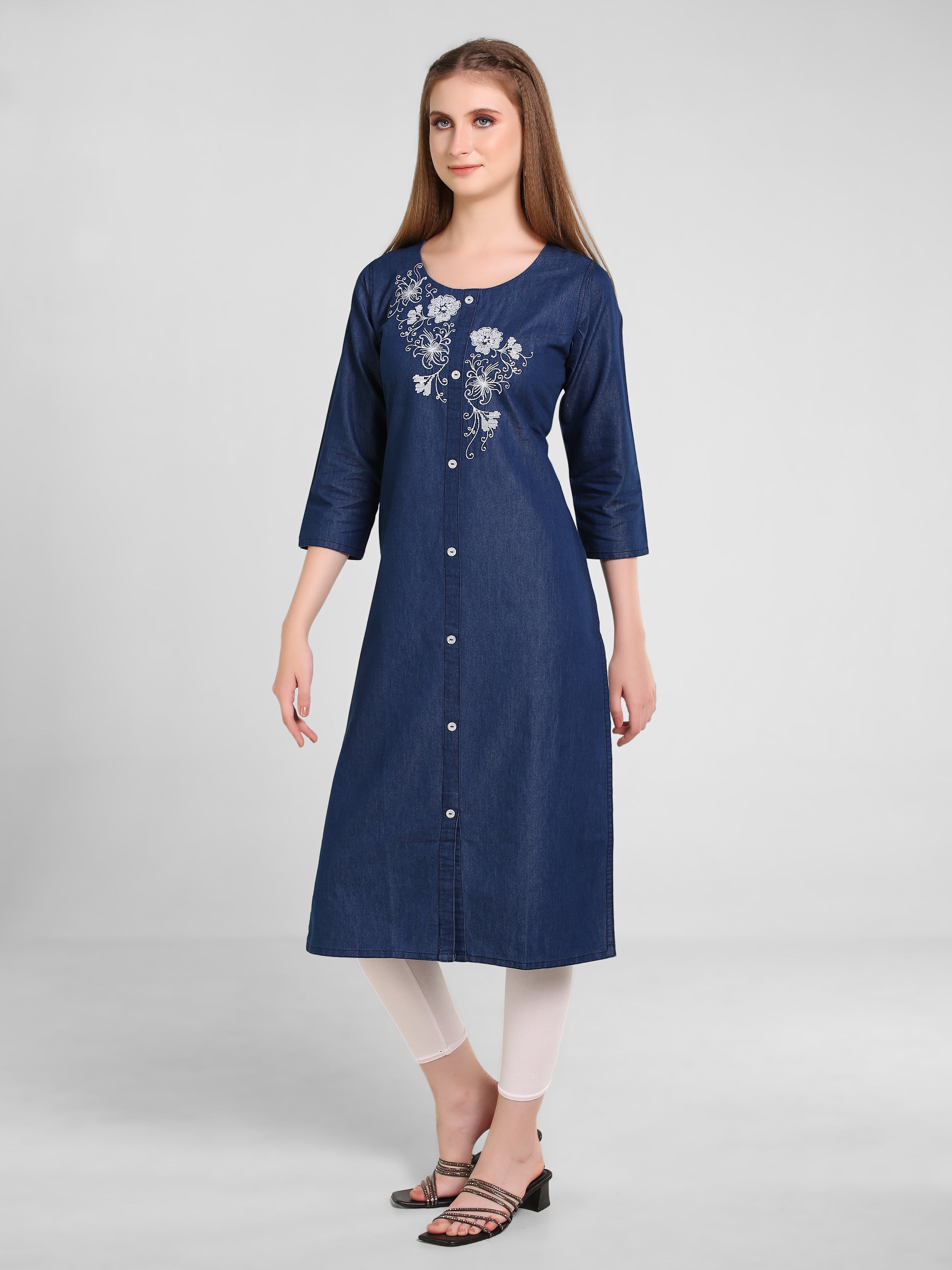 Denim Flower Butta  Embroidered Round Neck Kurta
