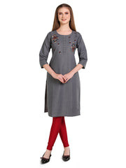 Grey Denim Embroidered Round Neck Kurta