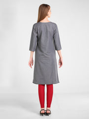 Grey Denim Embroidered Round Neck Kurta