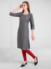 Grey Denim Embroidered Round Neck Kurta