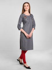 Grey Denim Embroidered Round Neck Kurta