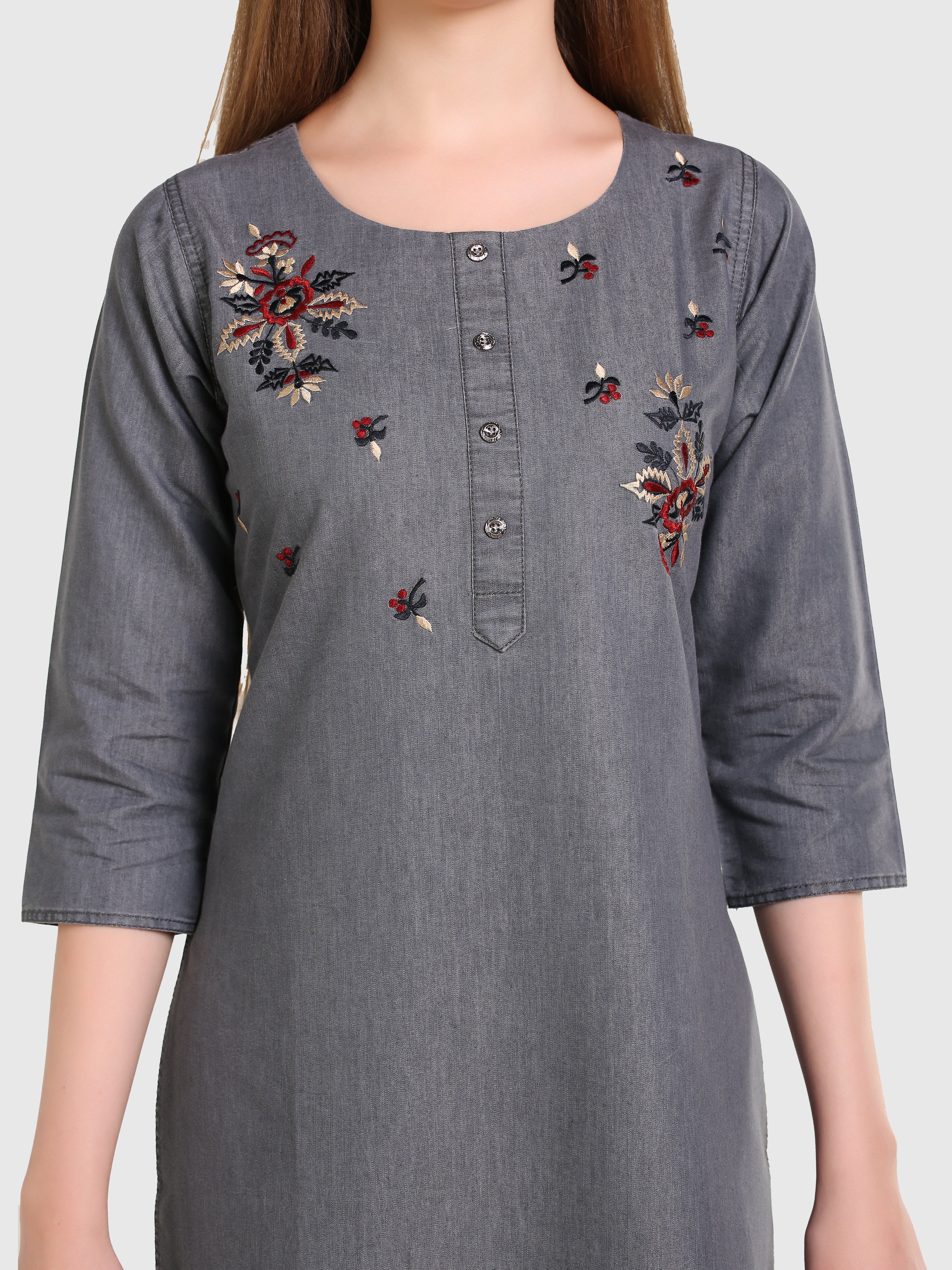 Grey Denim Embroidered Round Neck Kurta