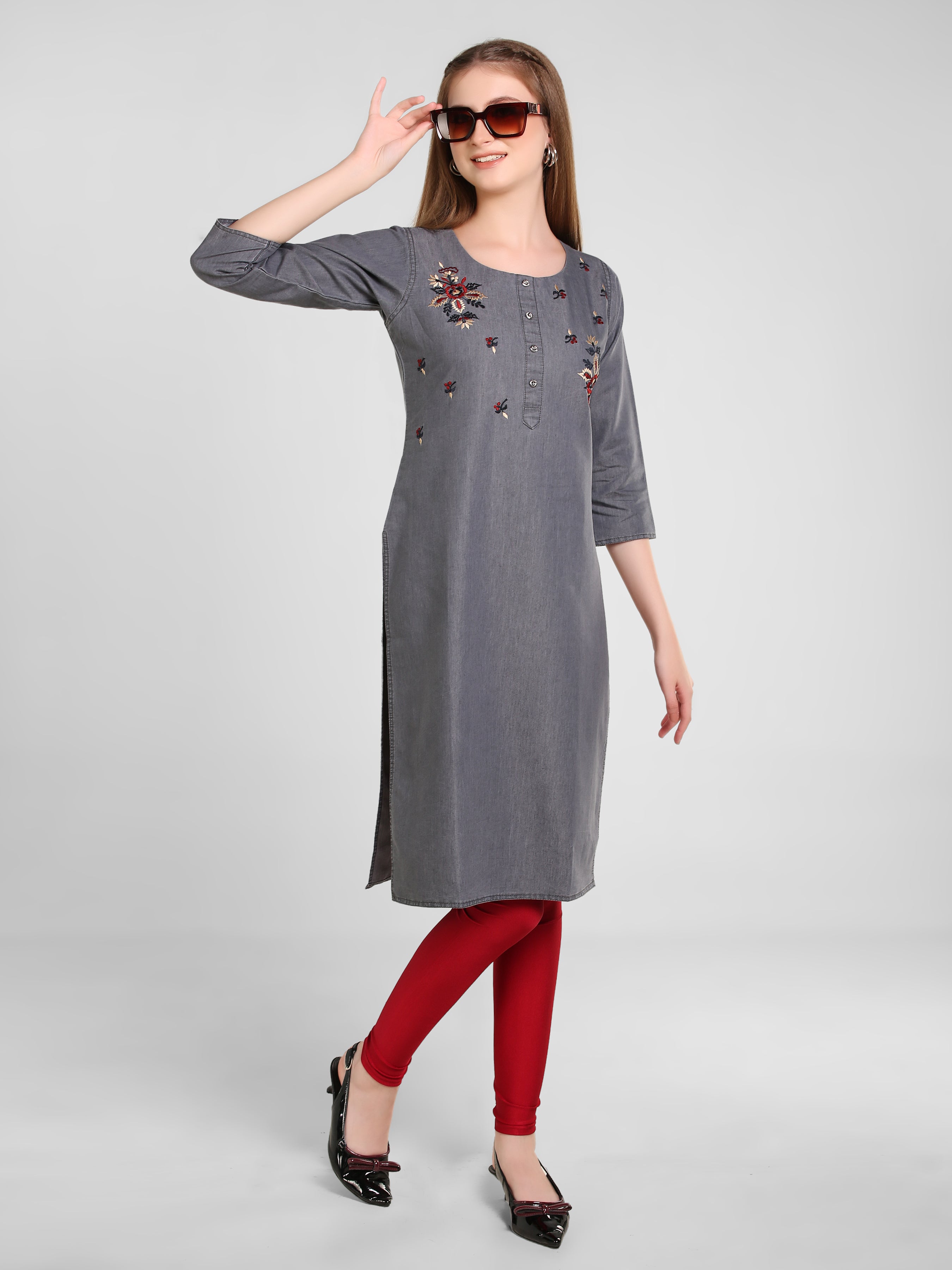 Grey Denim Embroidered Round Neck Kurta