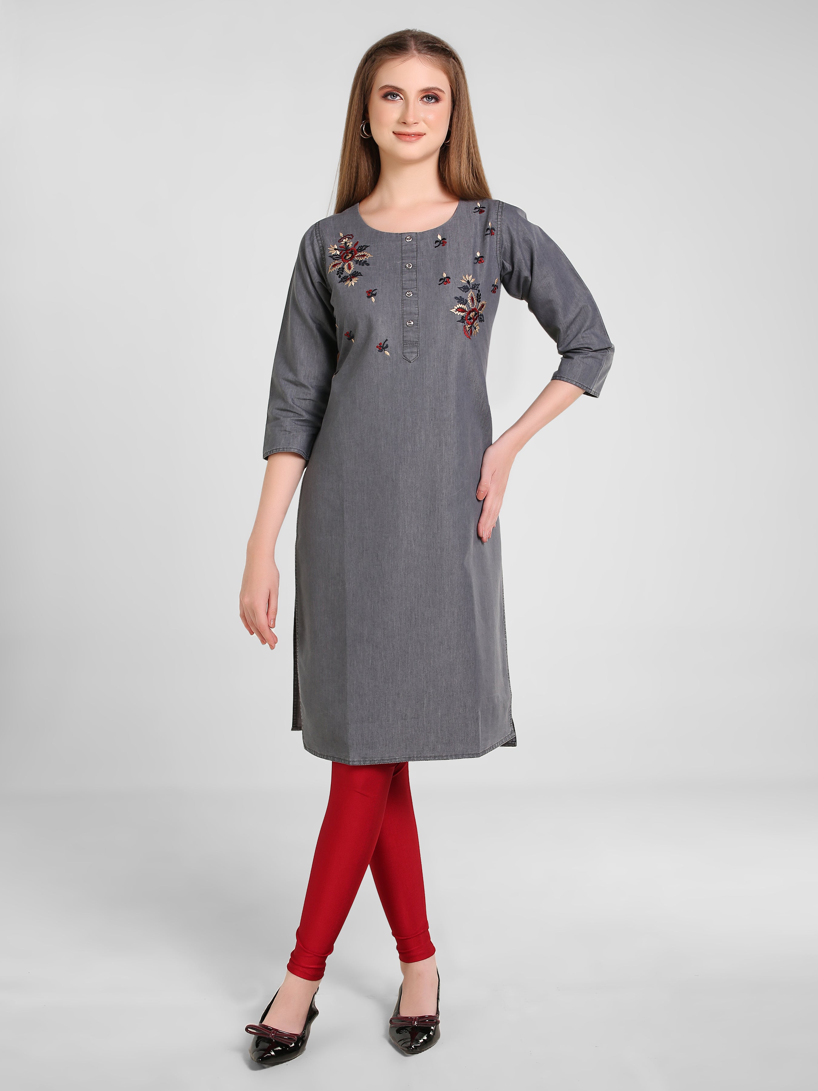 Grey Denim Embroidered Round Neck Kurta