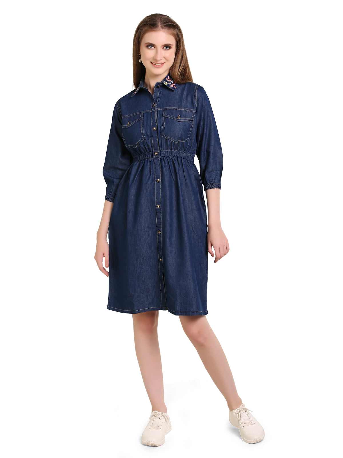 Denim Shirt Collar Embroidered One-Piece Dress