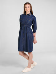 Denim Shirt Collar Embroidered One-Piece Dress