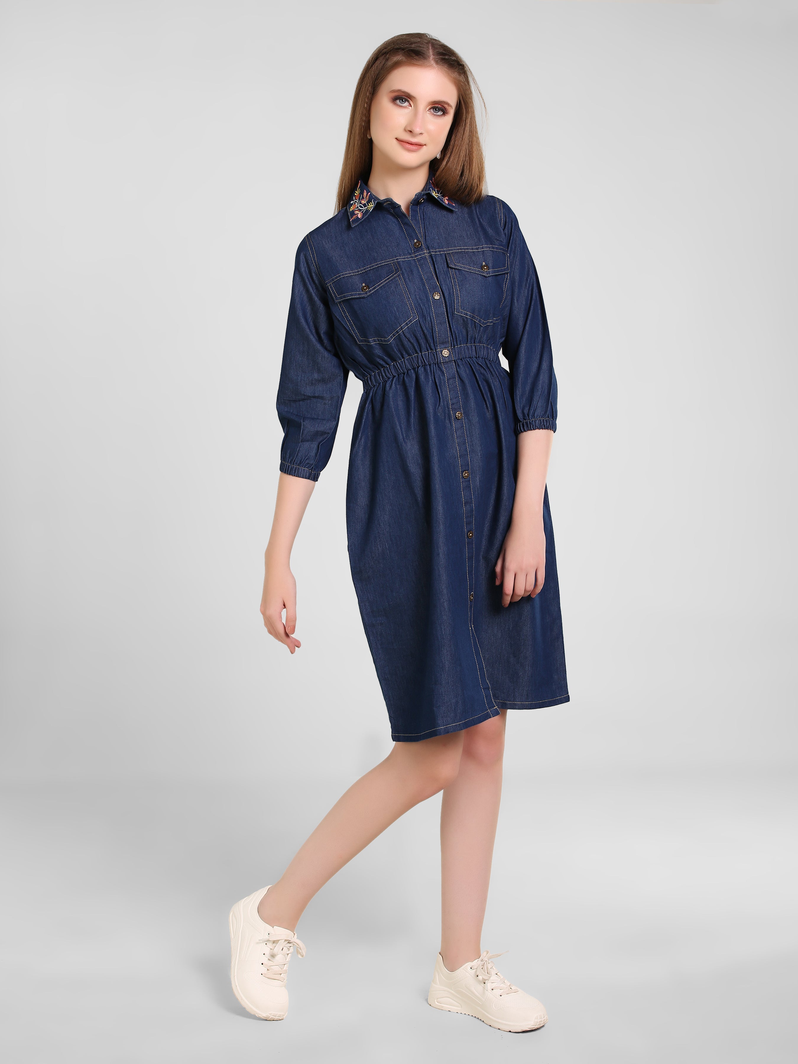 Denim Shirt Collar Embroidered One-Piece Dress