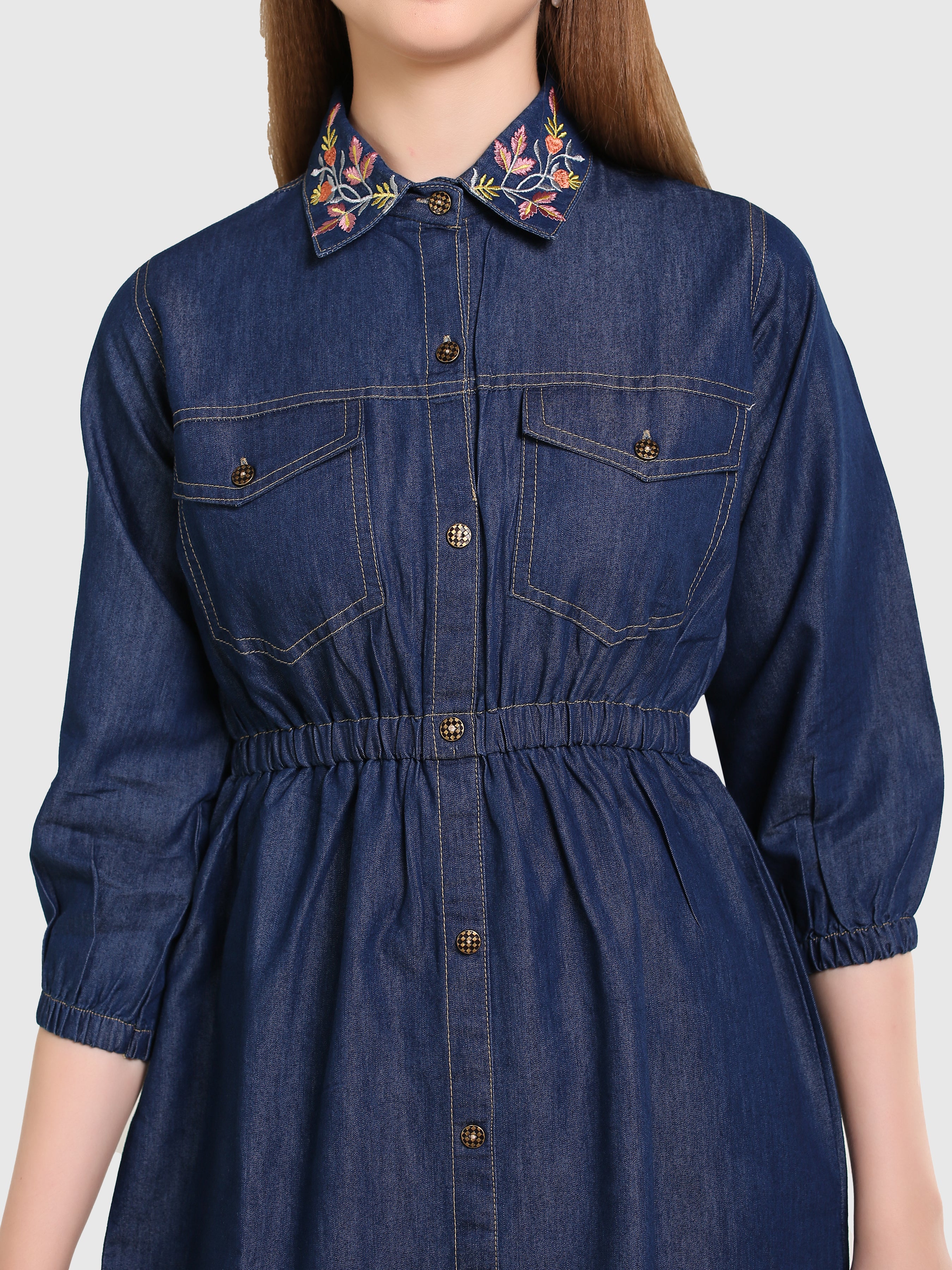 Denim Shirt Collar Embroidered One-Piece Dress
