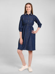 Denim Shirt Collar Embroidered One-Piece Dress