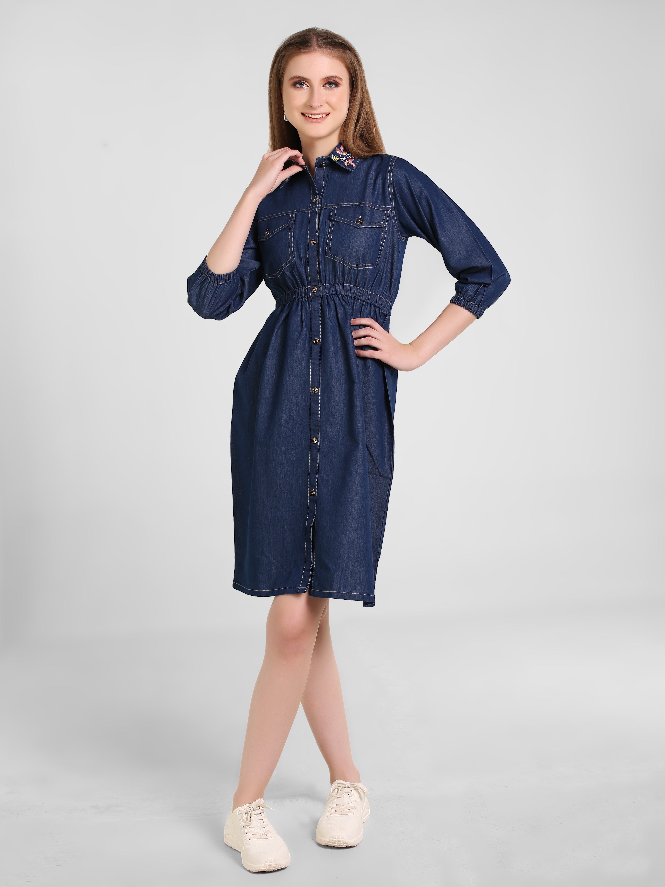 Denim Shirt Collar Embroidered One-Piece Dress