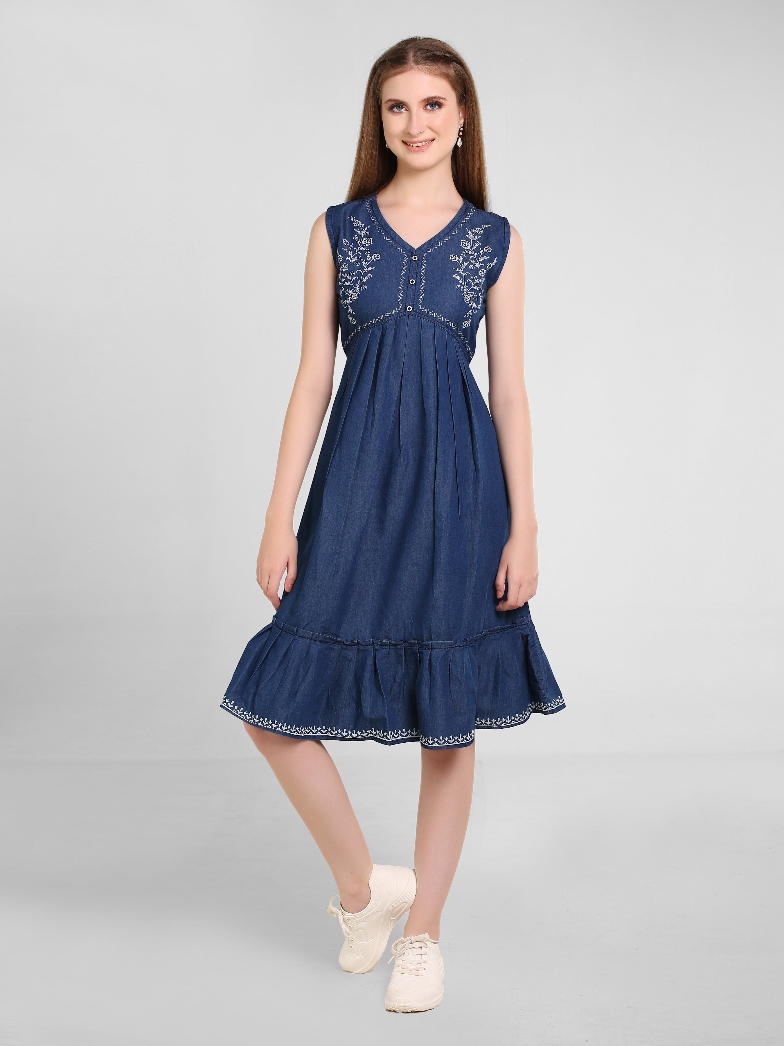 Denim Side Butta Printed V Neck Frill Flare Dress