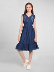 Denim Side Butta Printed V Neck Frill Flare Dress