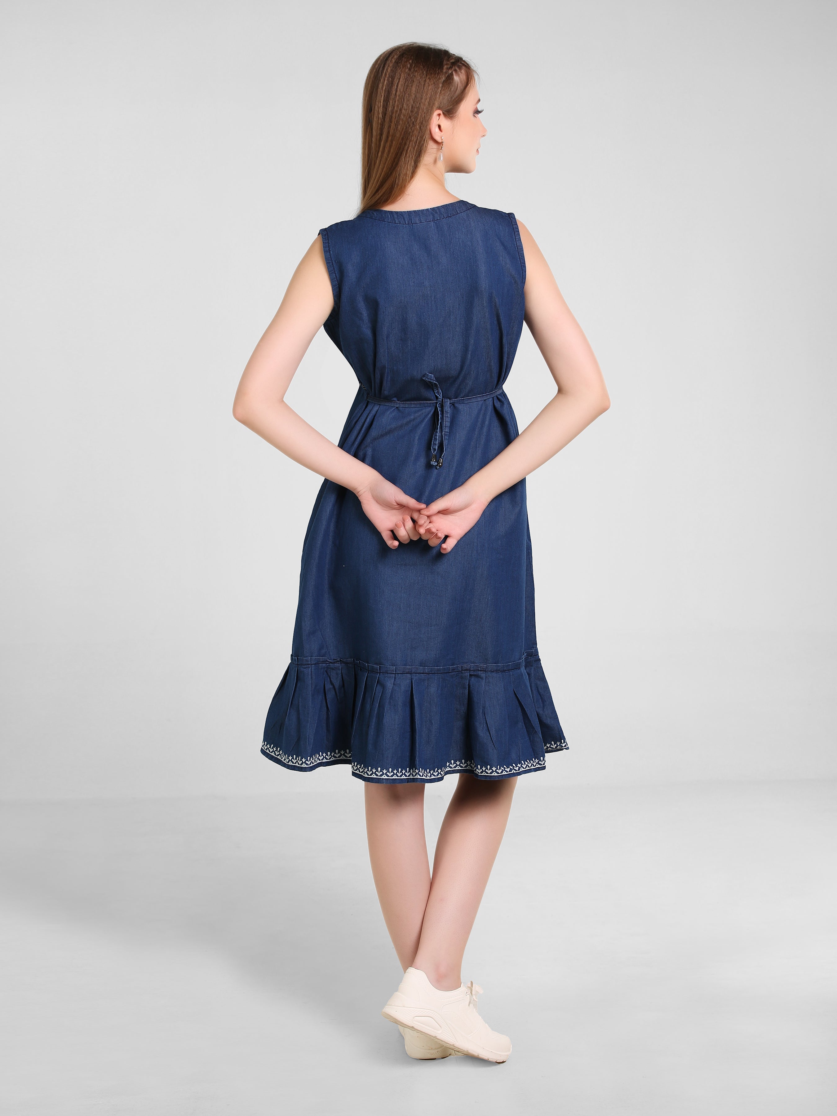 Denim Side Butta Printed V Neck Frill Flare Dress
