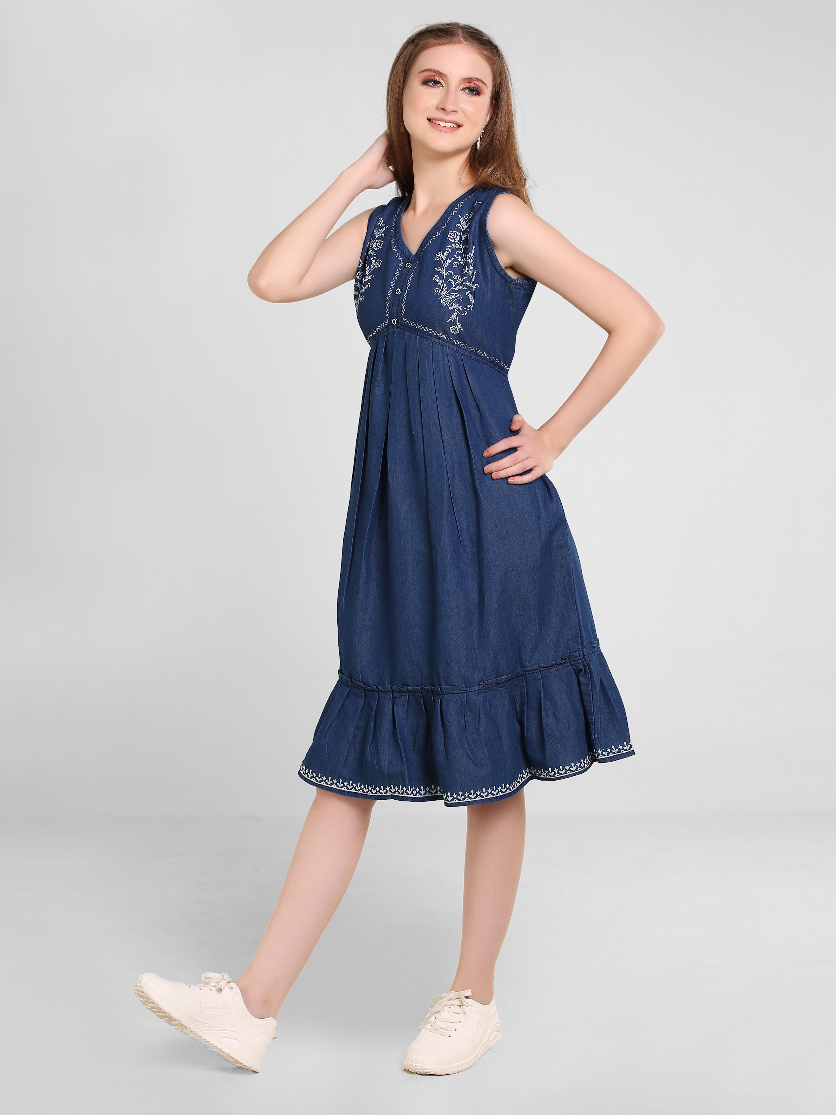 Denim Side Butta Printed V Neck Frill Flare Dress