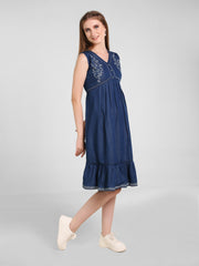 Denim Side Butta Printed V Neck Frill Flare Dress