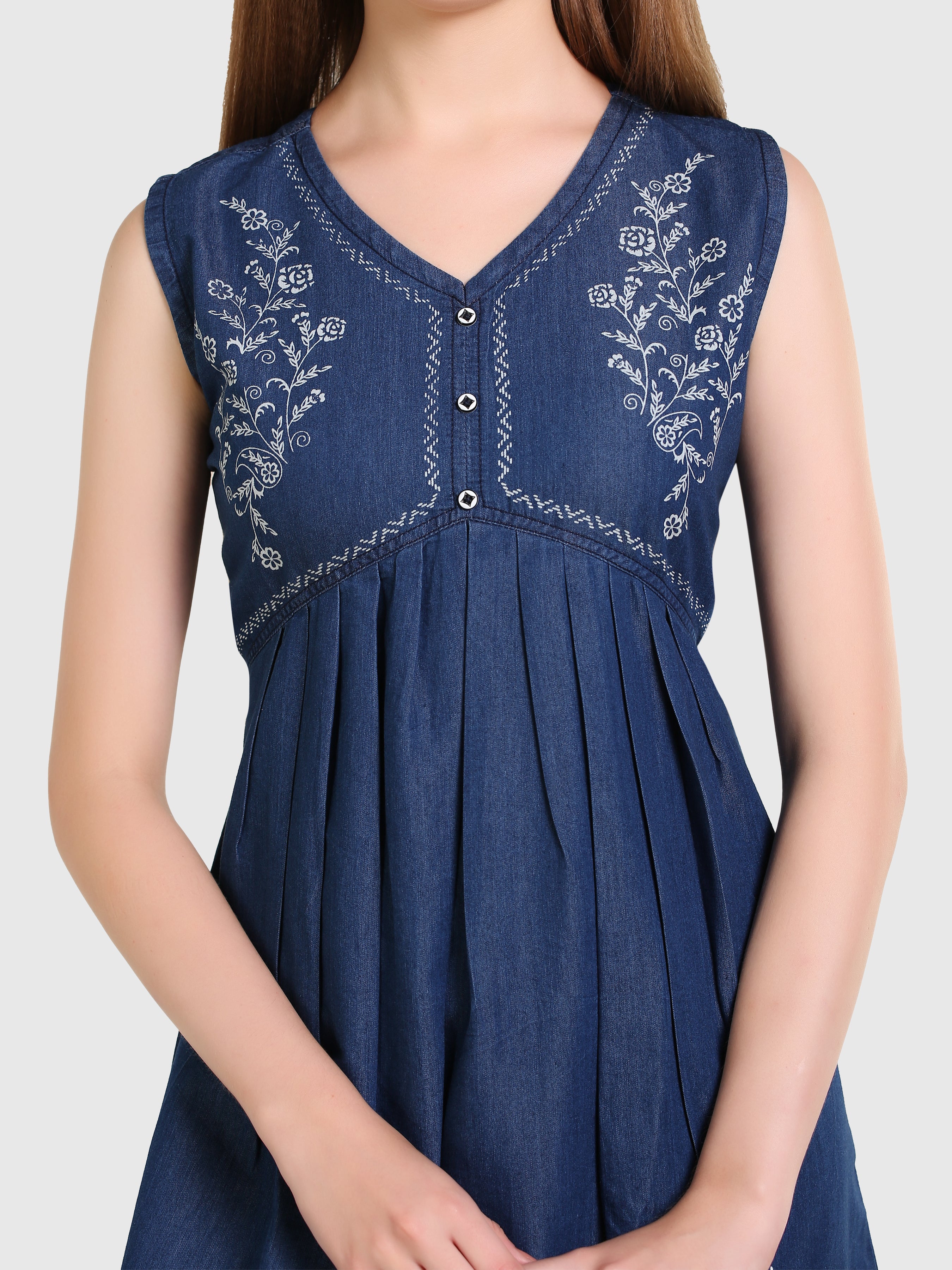 Denim Side Butta Printed V Neck Frill Flare Dress