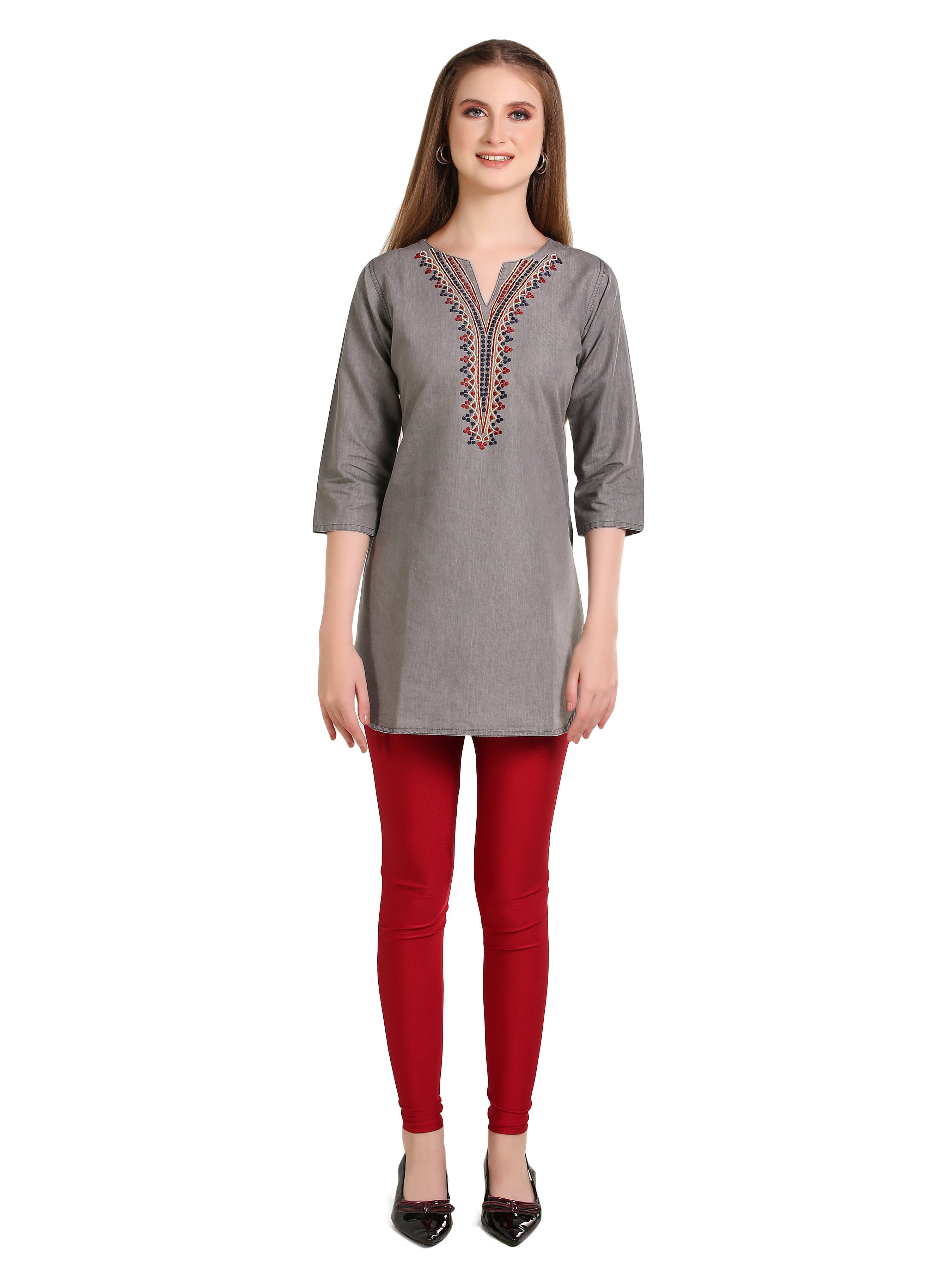 Grey Denim Neck  Embroidered  Kurti