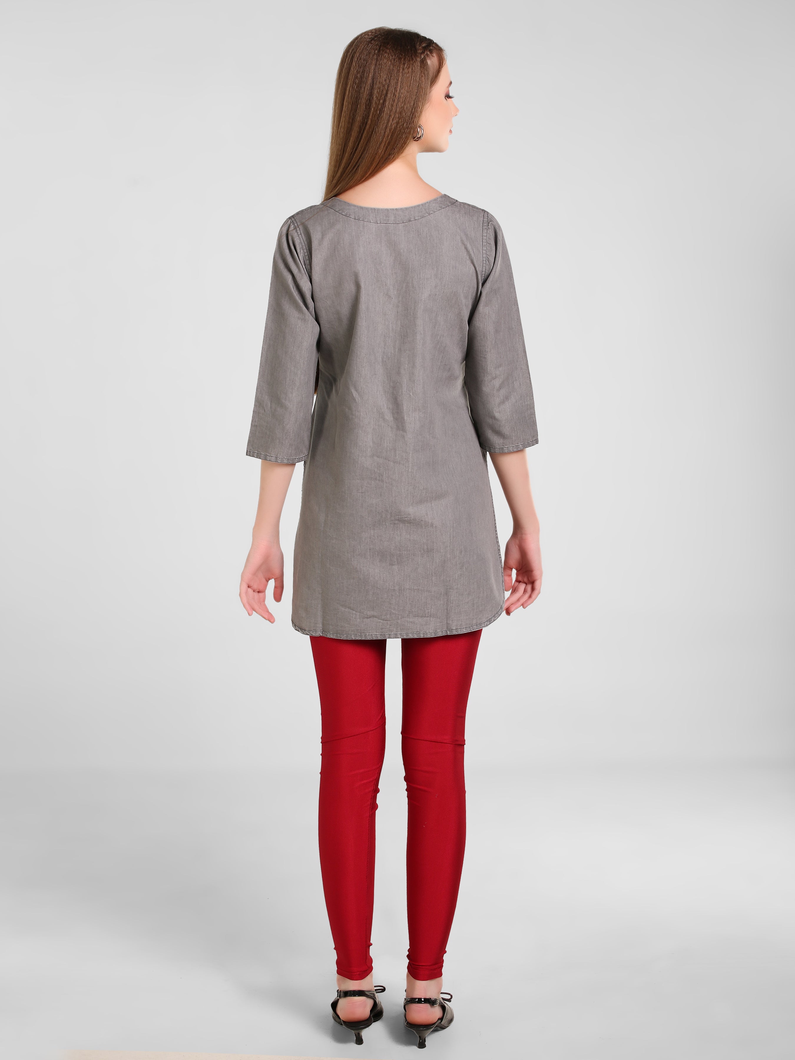 Grey Denim Neck  Embroidered  Kurti