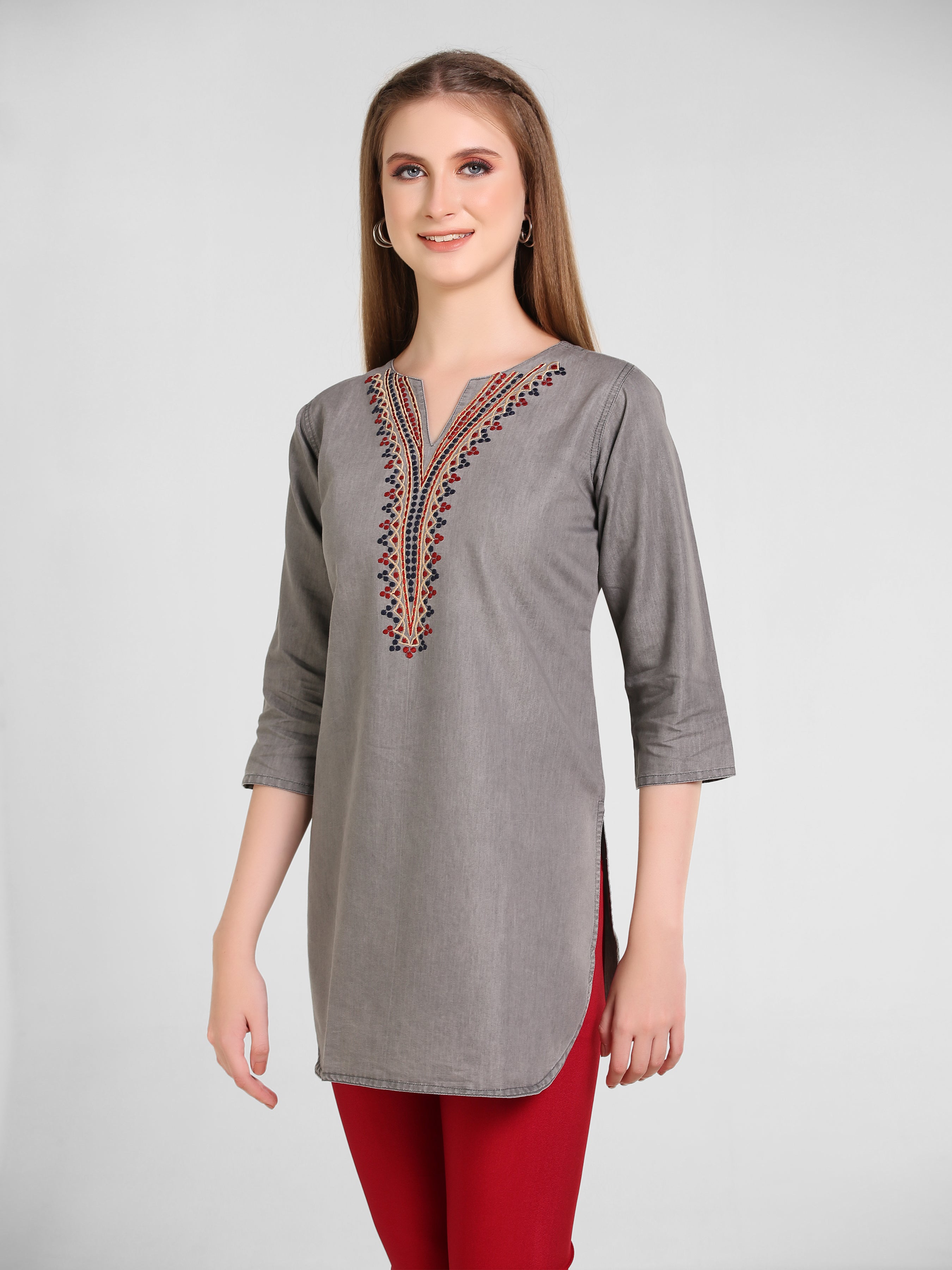 Grey Denim Neck  Embroidered  Kurti