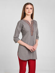 Grey Denim Neck  Embroidered  Kurti